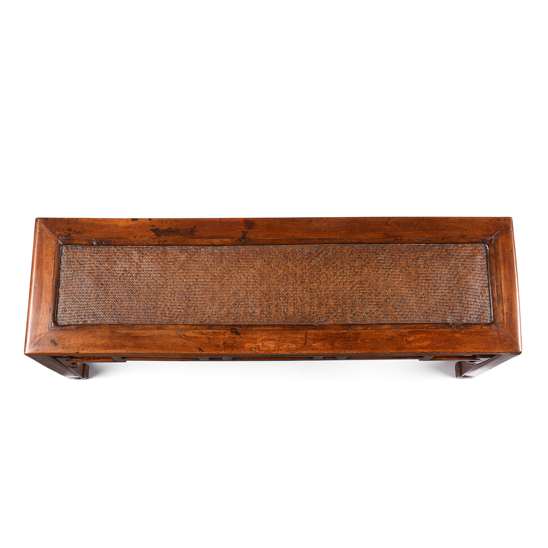 Top Down View Of Antique Red Elm Bench From Jiangsu With Rattan Seat - 19th Century | Indigo Antiques