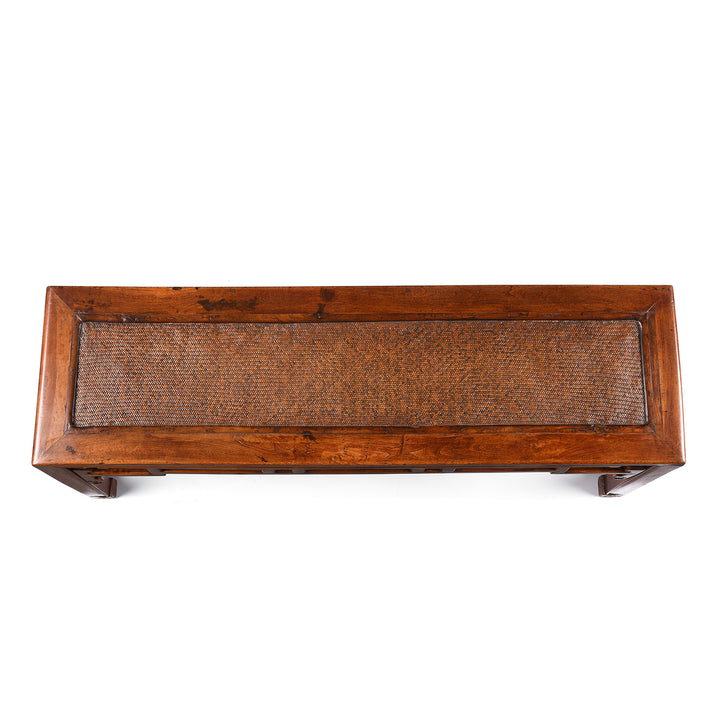 Top Down View Of Antique Red Elm Bench From Jiangsu With Rattan Seat - 19th Century | Indigo Antiques