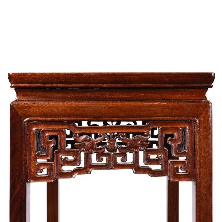 Makara Detail on a Vintage Hongmu Hardwood Chinese Flower Stand With Hoof Feet - Ca 1960's| Indigo Antiques