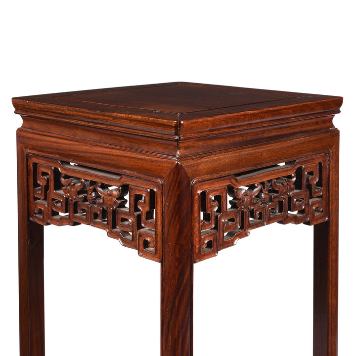 Corner Detail on a Vintage Hongmu Hardwood Chinese Flower Stand With Hoof Feet - Ca 1960's| Indigo Antiques