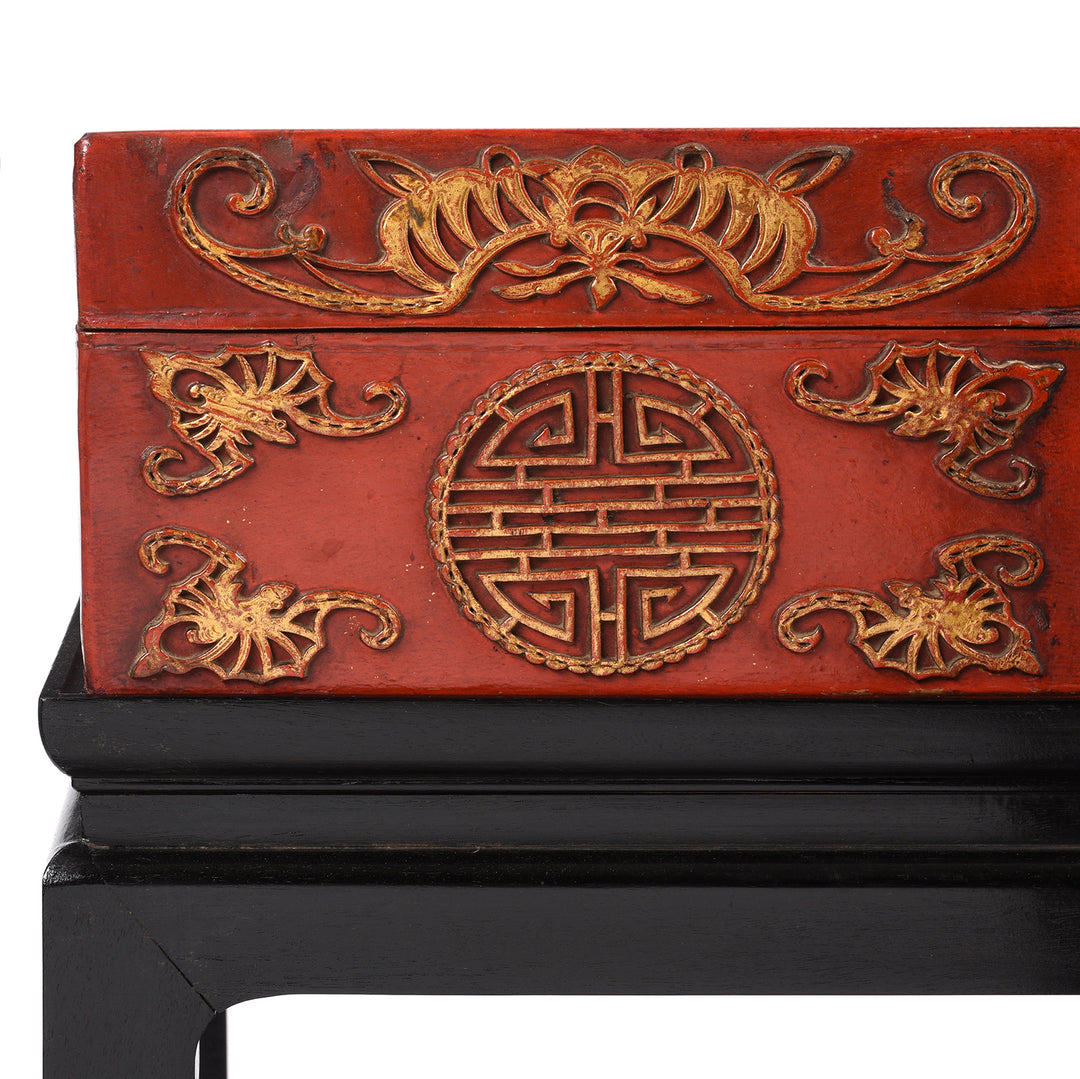 Gilt Detail From Antique Red Leather Parcel Gilt Trunk from Shanghai - 19th Century | Indigo Antiques