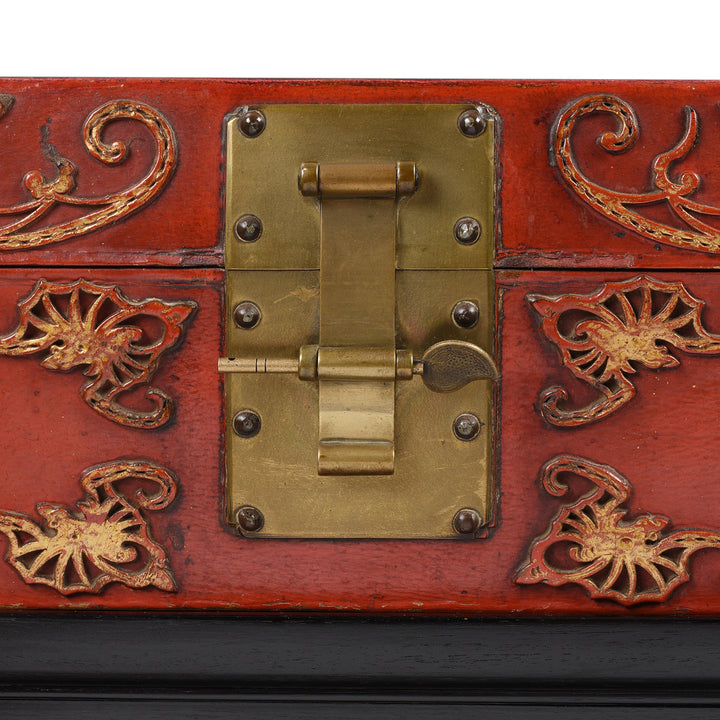 Latch Detail From Antique Red Leather Parcel Gilt Trunk from Shanghai - 19th Century | Indigo Antiques