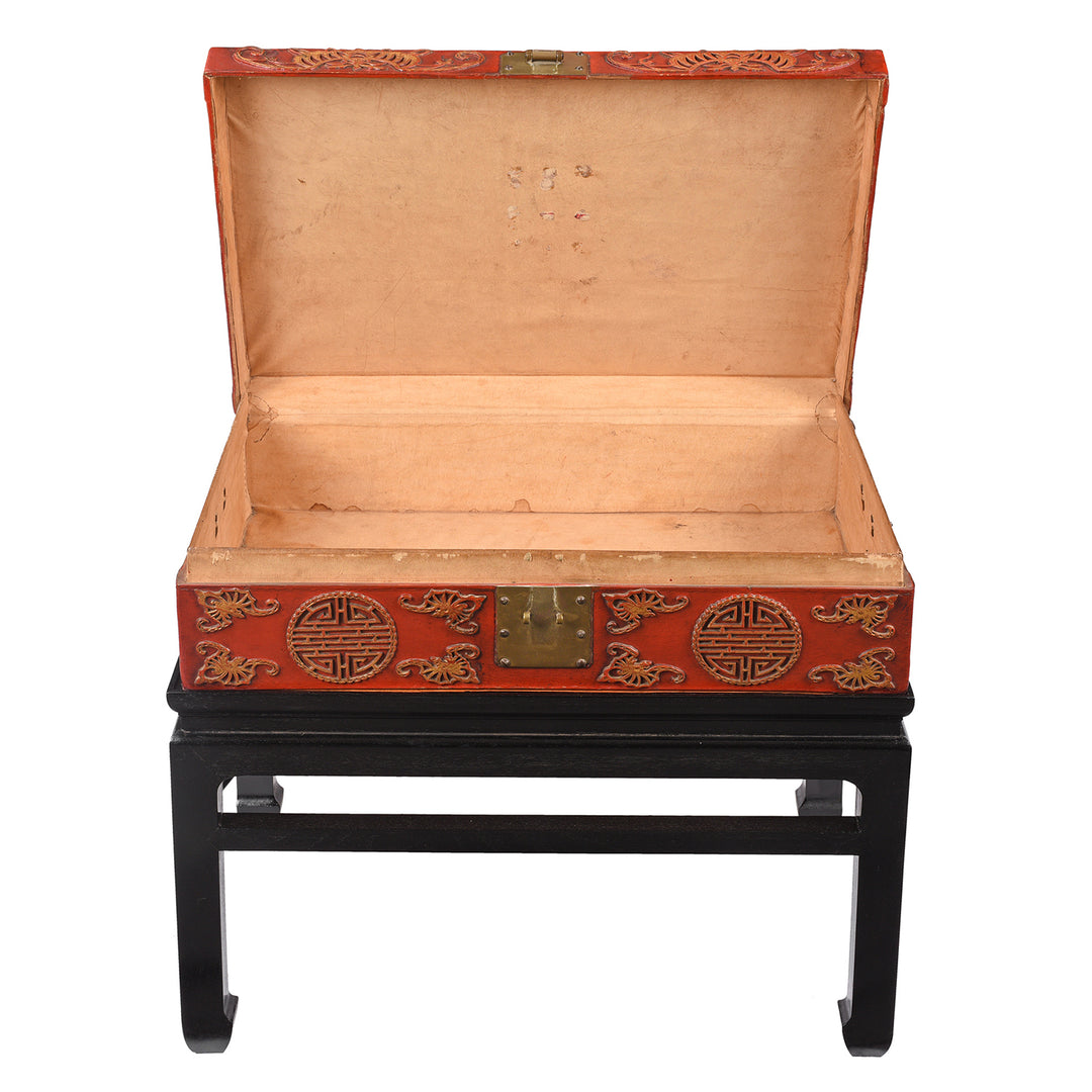 Open View Of Antique Red Leather Parcel Gilt Trunk from Shanghai - 19th Century | Indigo Antiques