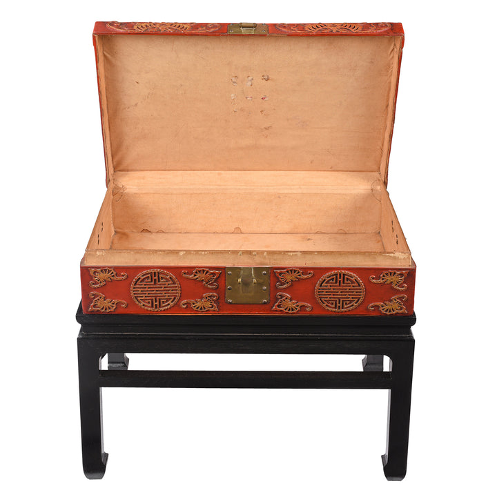 Open View Of Antique Red Leather Parcel Gilt Trunk from Shanghai - 19th Century | Indigo Antiques