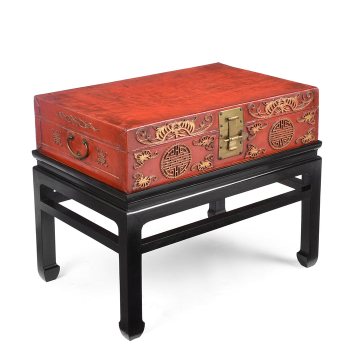 Angled View Of Antique Red Leather Parcel Gilt Trunk from Shanghai - 19th Century | Indigo Antiques