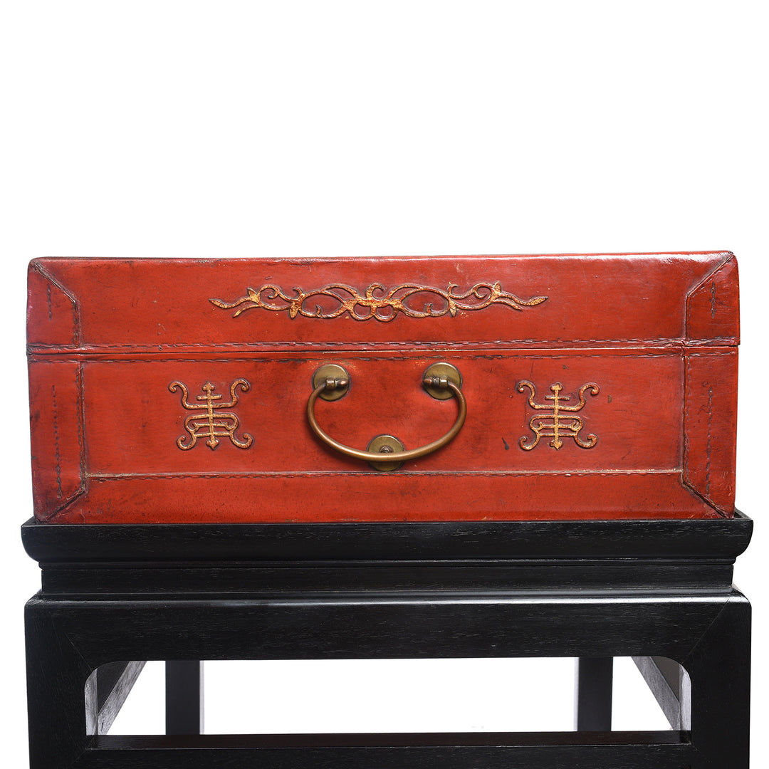 Side View Of Antique Red Leather Parcel Gilt Trunk from Shanghai - 19th Century | Indigo Antiques