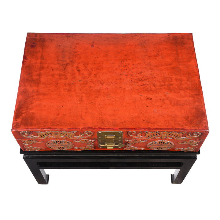Top Down View Of Antique Red Leather Parcel Gilt Trunk from Shanghai - 19th Century | Indigo Antiques