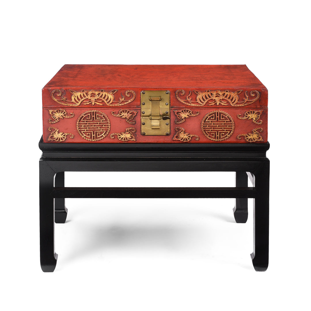 Antique Red Leather Parcel Gilt Trunk from Shanghai - 19th Century | Indigo Antiques