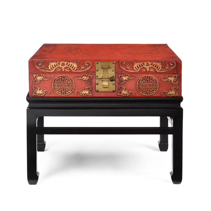 Antique Red Leather Parcel Gilt Trunk from Shanghai - 19th Century | Indigo Antiques