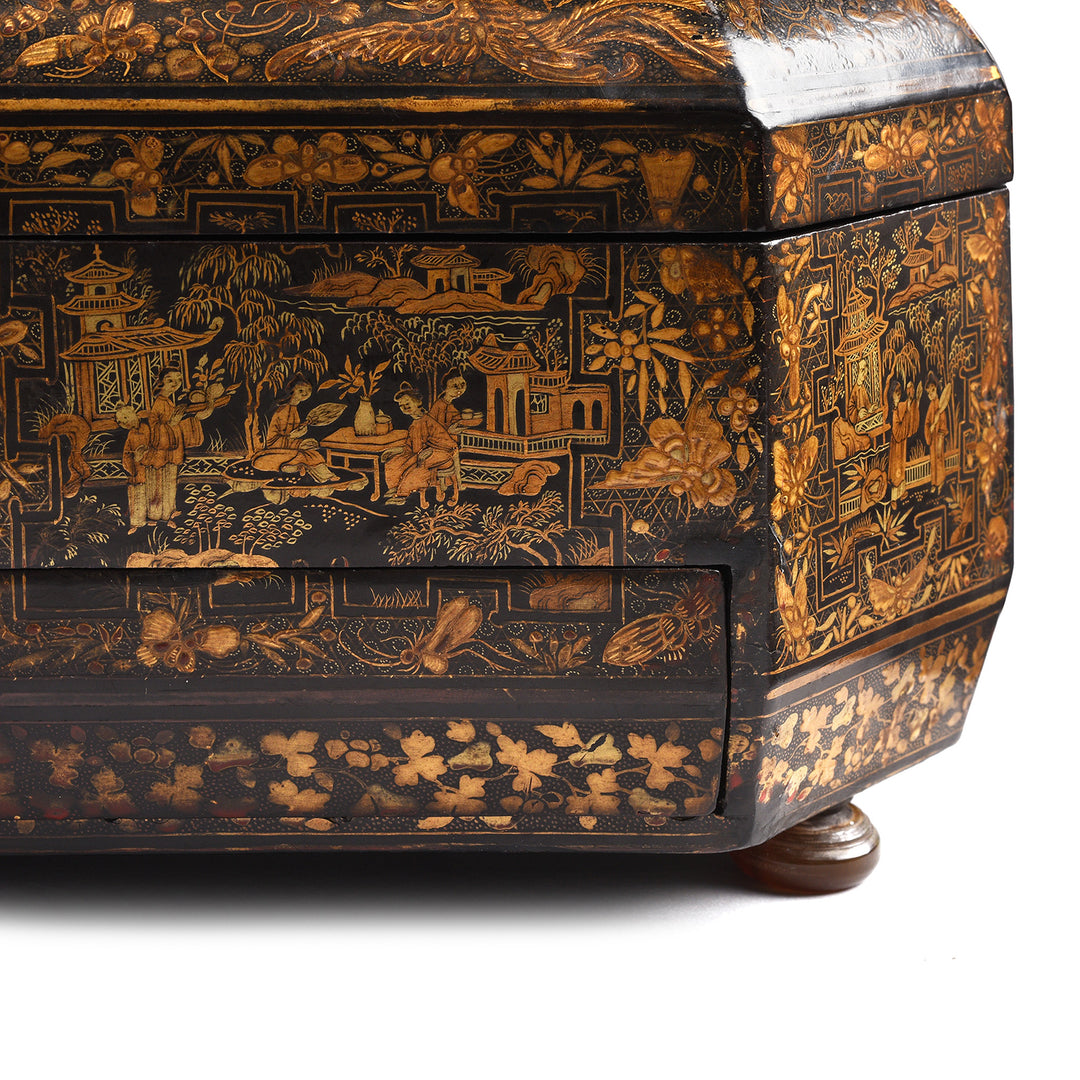 Foot Detail From Antique Black Lacquer Chinoiserie Sewing Box - Early 19th Century | Indigo Antiques