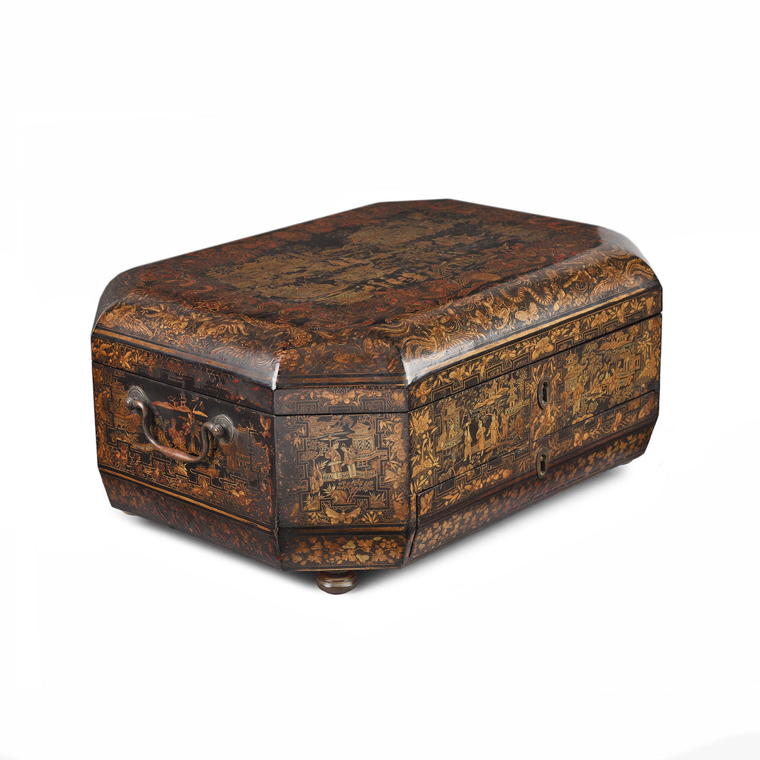 Angled View Of Antique Black Lacquer Chinese Canton Export Sewing Box - Early 19th Century | Indigo Antiques