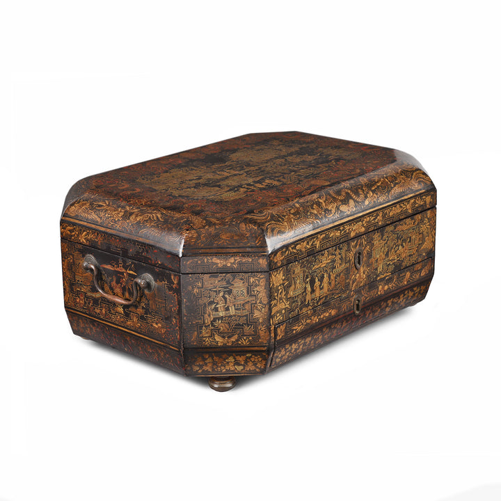 Angled View Of Antique Black Lacquer Chinese Canton Export Sewing Box - Early 19th Century | Indigo Antiques