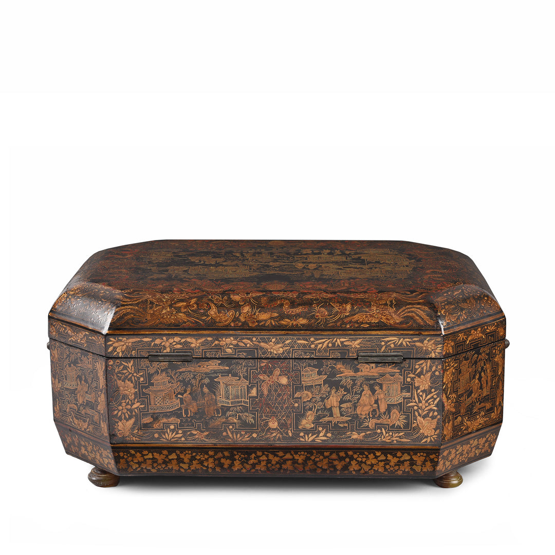 Back Of Antique Black Lacquer Chinoiserie Sewing Box - Early 19th Century | Indigo Antiques