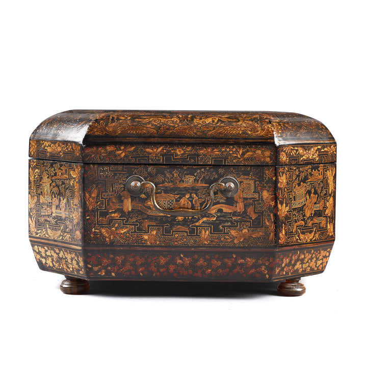 Side View Of Antique Black Lacquer Chinoiserie Sewing Box - Early 19th Century | Indigo Antiques