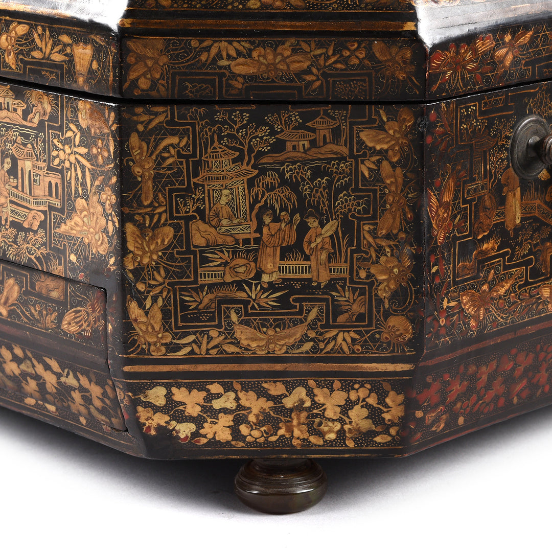 Detail From Antique Black Lacquer Chinoiserie Sewing Box - Early 19th Century | Indigo Antiques