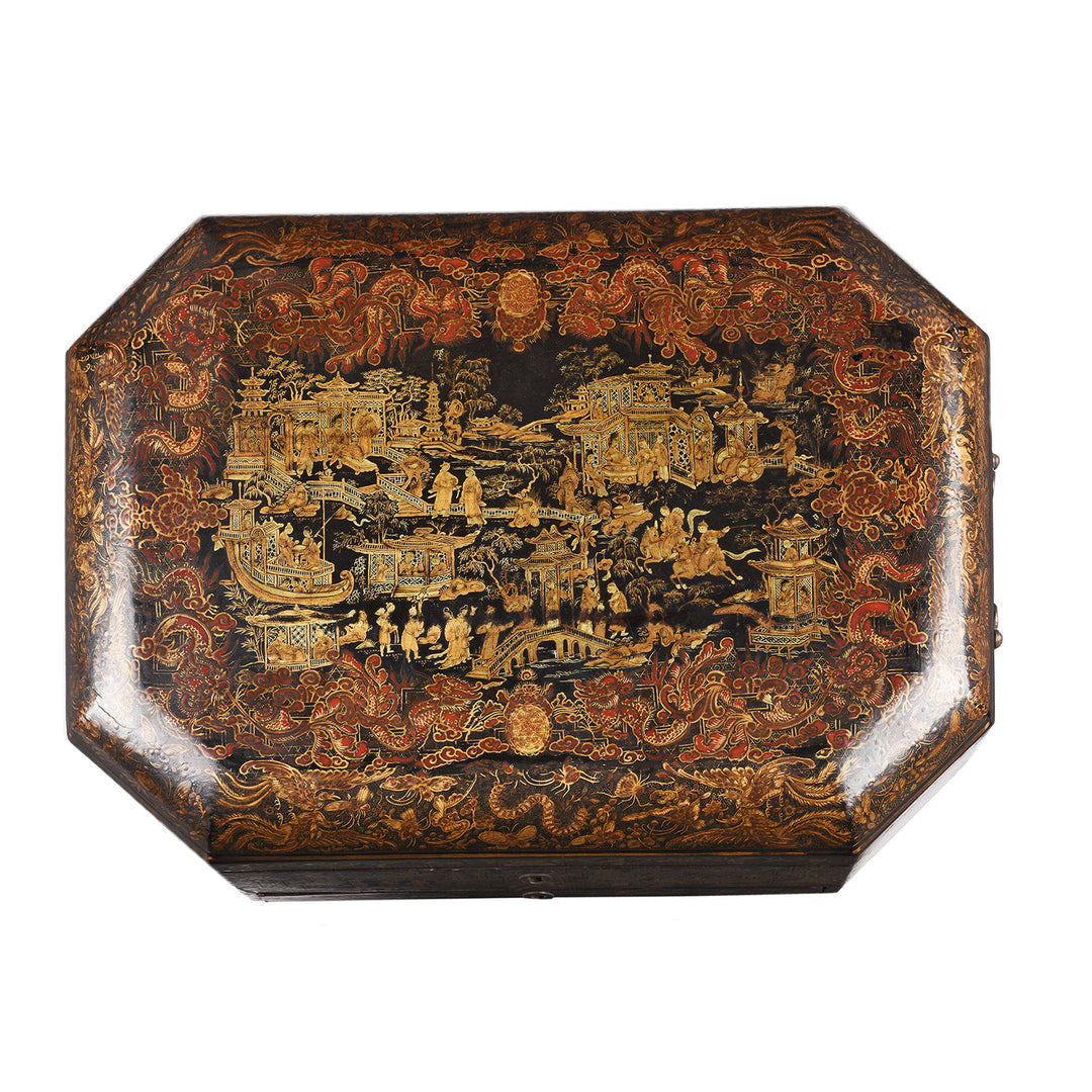 Top Down View Of Antique Black Lacquer Chinoiserie Sewing Box - Early 19th Century | Indigo Antiques