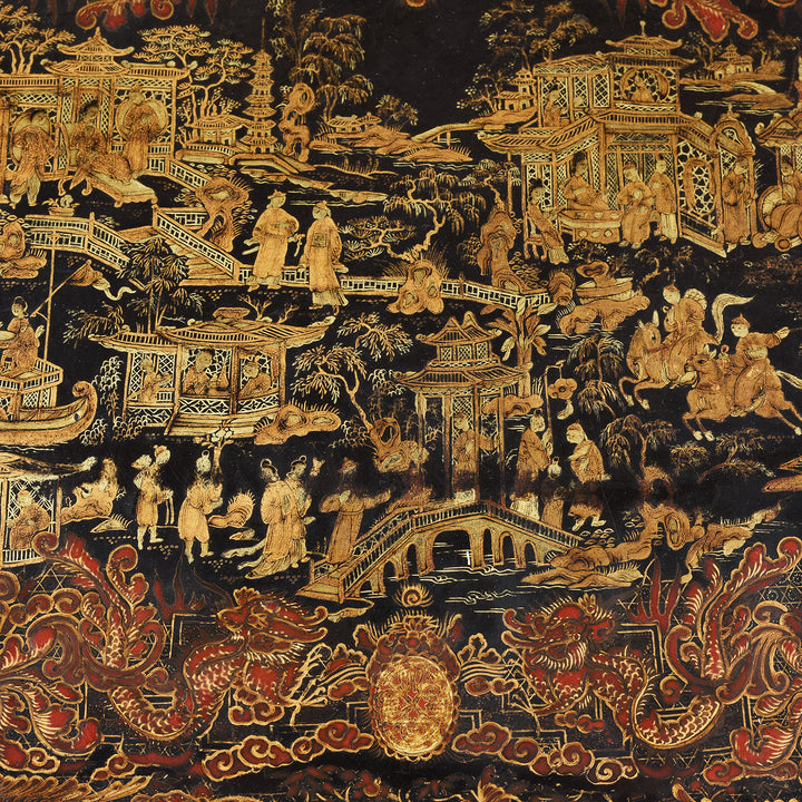 Paintwork Detail From Antique Black Lacquer Chinoiserie Sewing Box - Early 19th Century | Indigo Antiques