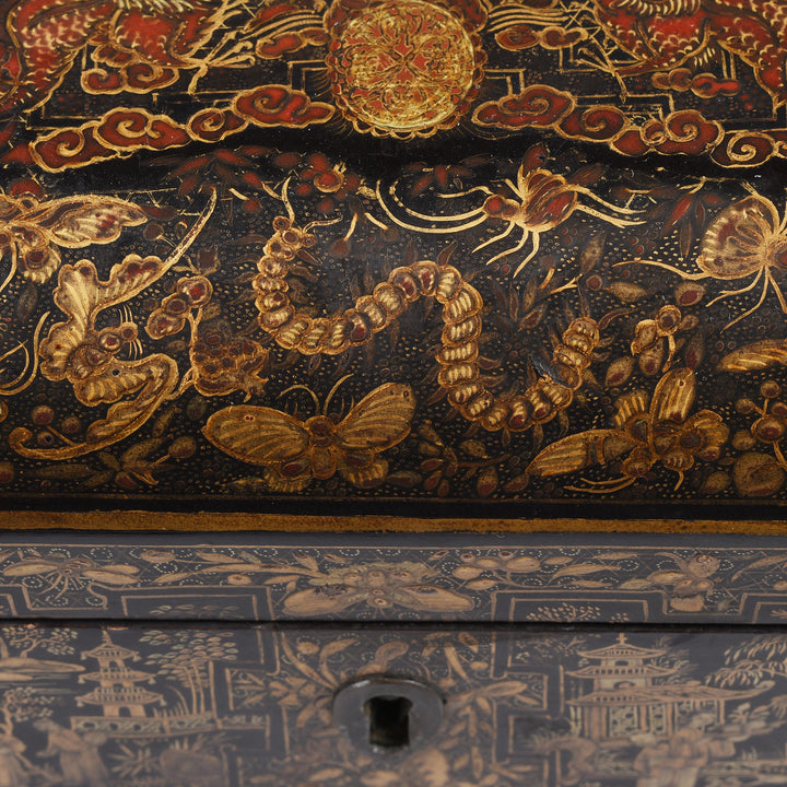 Paintwork Detail From Antique Black Lacquer Chinoiserie Sewing Box - Early 19th Century | Indigo Antiques