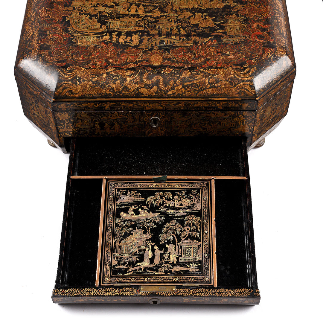 Drawer Detail From Antique Black Lacquer Chinoiserie Sewing Box - Early 19th Century | Indigo Antiques