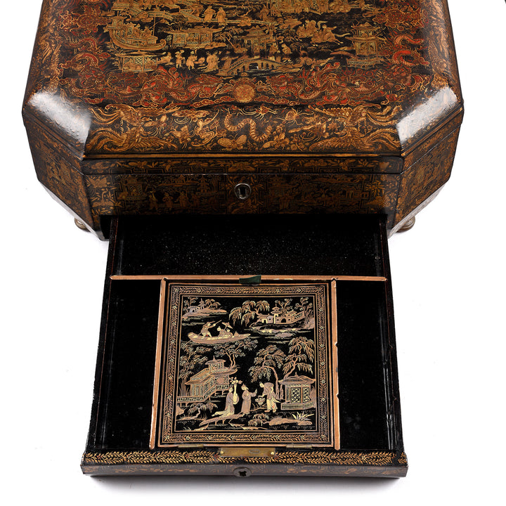 Drawer Detail From Antique Black Lacquer Chinoiserie Sewing Box - Early 19th Century | Indigo Antiques