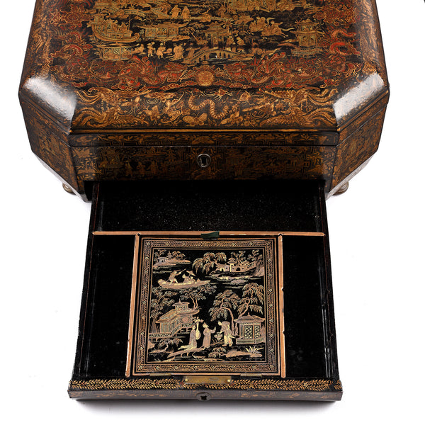 Black Lacquer Chinoiserie Sewing Box - Ca 1810