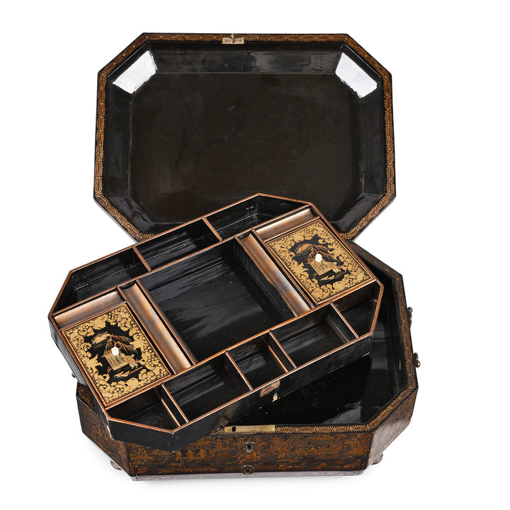 Open View Of Antique Black Lacquer Chinoiserie Sewing Box - Early 19th Century | Indigo Antiques