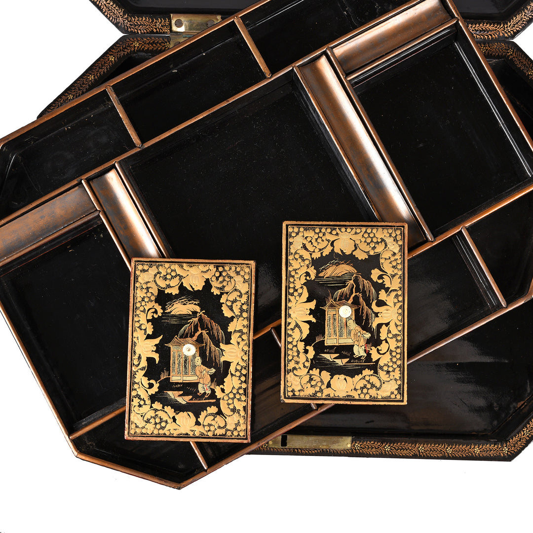 Detail From Interior Of Antique Black Lacquer Chinoiserie Sewing Box - Early 19th Century | Indigo Antiques