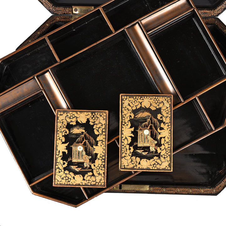 Detail From Interior Of Antique Black Lacquer Chinoiserie Sewing Box - Early 19th Century | Indigo Antiques