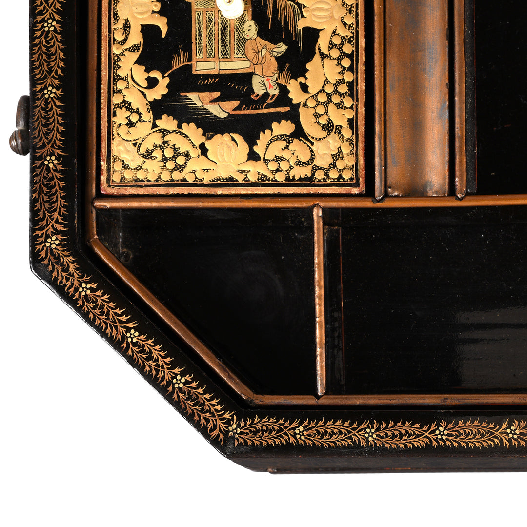 Detail From Interior Of Antique Black Lacquer Chinoiserie Sewing Box - Early 19th Century | Indigo Antiques