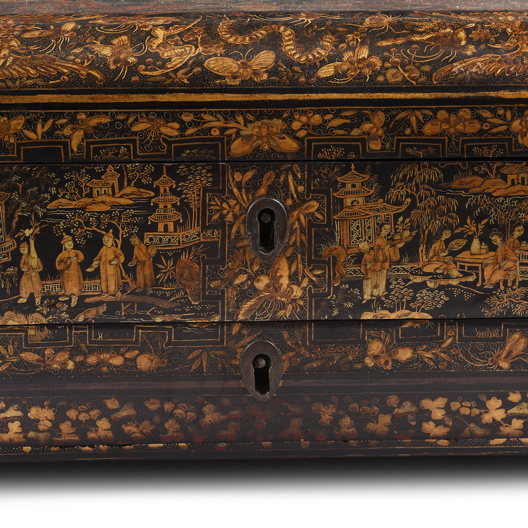 Lock Detail From Antique Black Lacquer Chinoiserie Sewing Box - Early 19th Century | Indigo Antiques