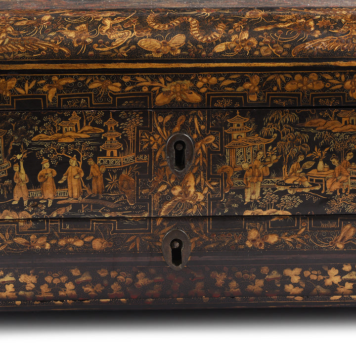 Lock Detail From Antique Black Lacquer Chinoiserie Sewing Box - Early 19th Century | Indigo Antiques