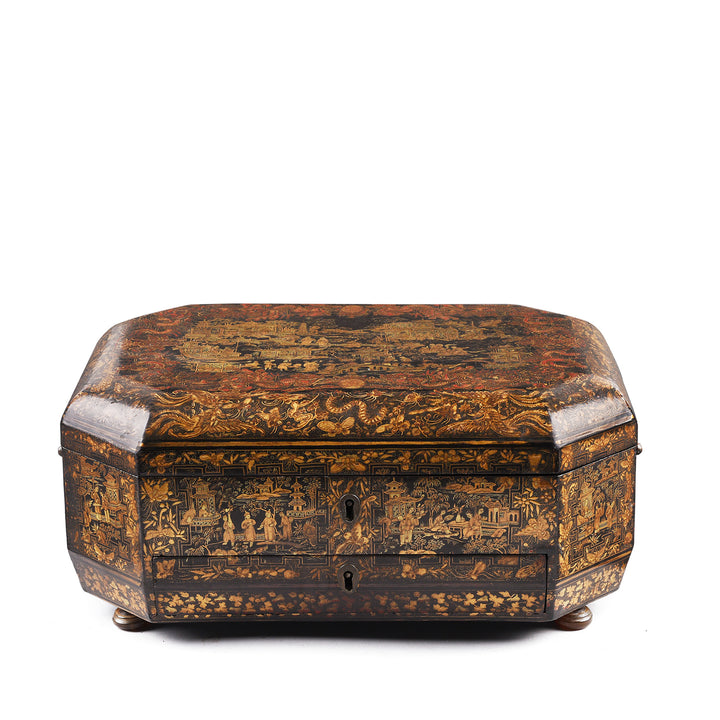 Antique Black Lacquer Chinese Canton Export Sewing Box - Early 19th Century | Indigo Antiques