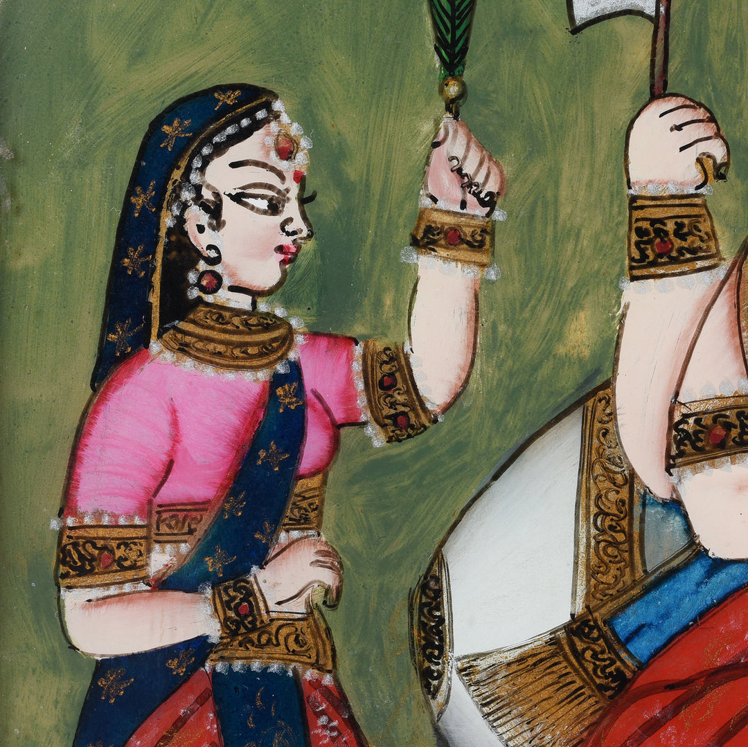 Attendant Detail From Antique Indian Reverse Glass Painting of Ganesh - Late 19th Century | Indigo Antiques 