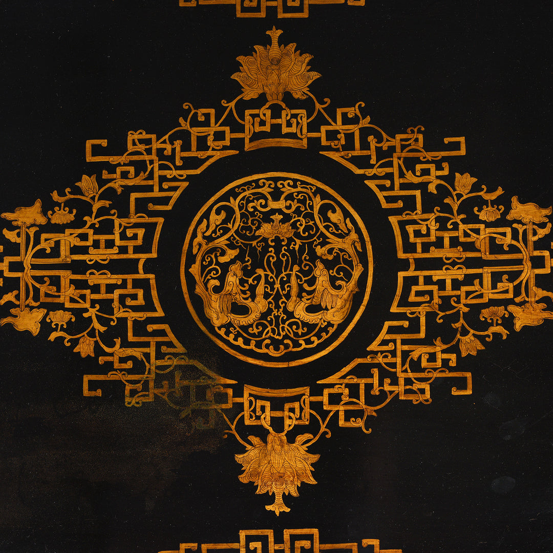 Top Detail From Antique Black Lacquer Chinese Chest on Stand - Ca 1910 | Indigo Antiques