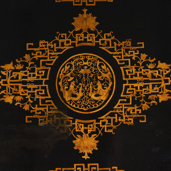 Top Detail From Antique Black Lacquer Chinese Chest on Stand - Ca 1910 | Indigo Antiques