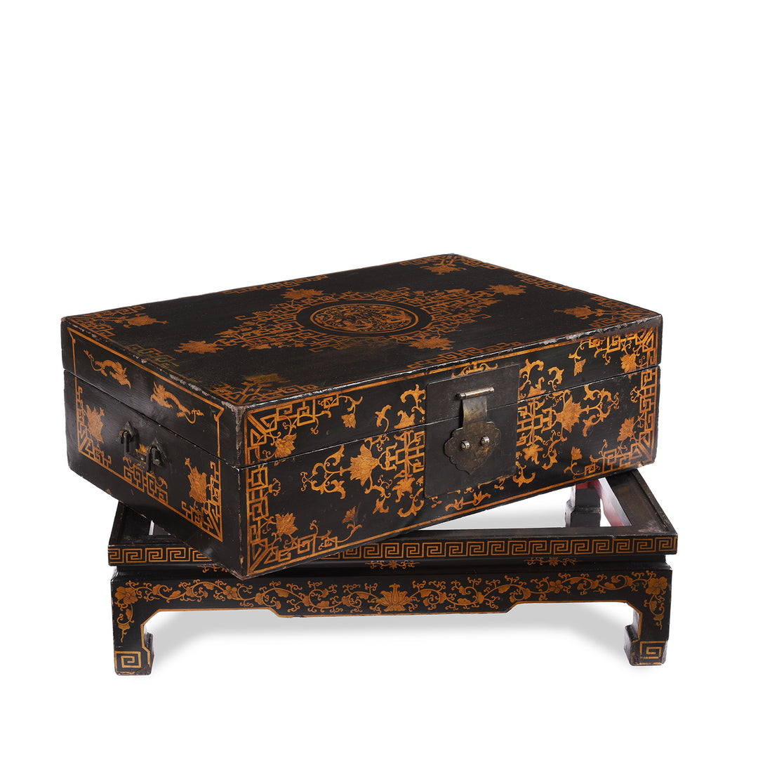 Angled View Of Antique Black Lacquer Chinese Chest on Stand - Ca 1910 | Indigo Antiques