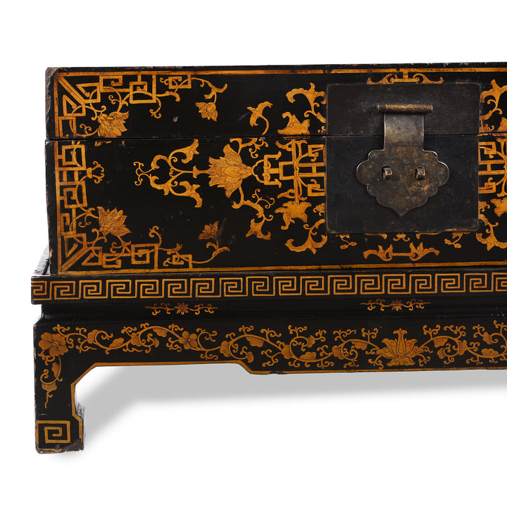 Corner Detail From Antique Black Lacquer Chinese Chest on Stand - Ca 1910 | Indigo Antiques