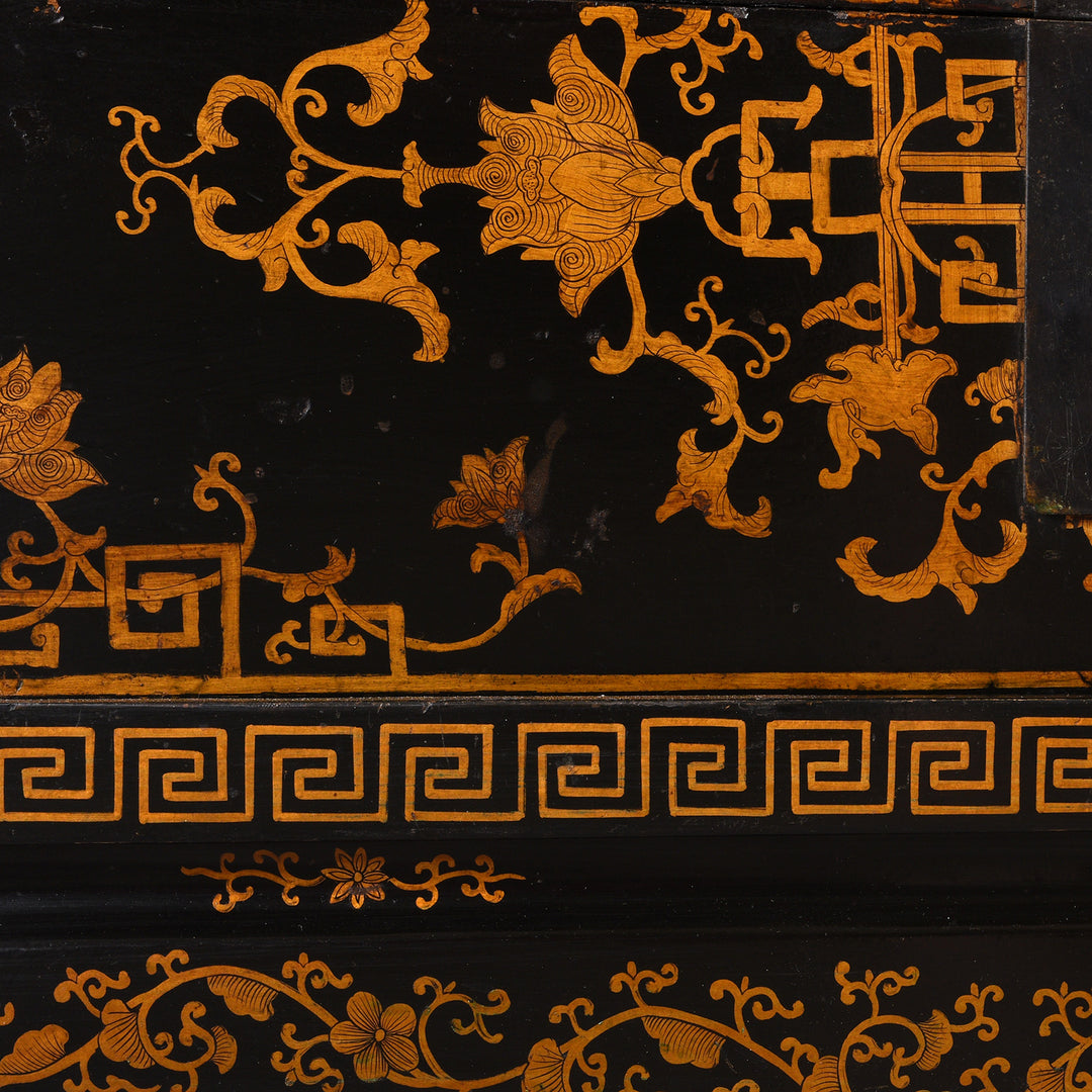 Paintwork Detail From Antique Black Lacquer Chinese Chest on Stand - Ca 1910 | Indigo Antiques