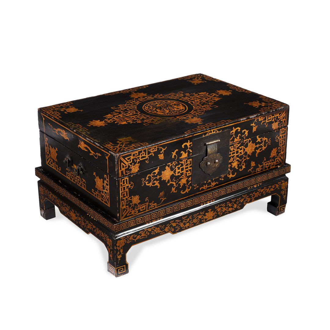 Angled View Of Antique Black Lacquer Chinese Chest on Stand - Ca 1910 | Indigo Antiques