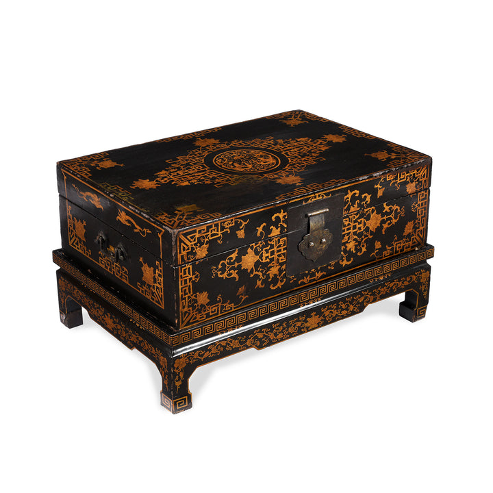 Angled View Of Antique Black Lacquer Chinese Chest on Stand - Ca 1910 | Indigo Antiques