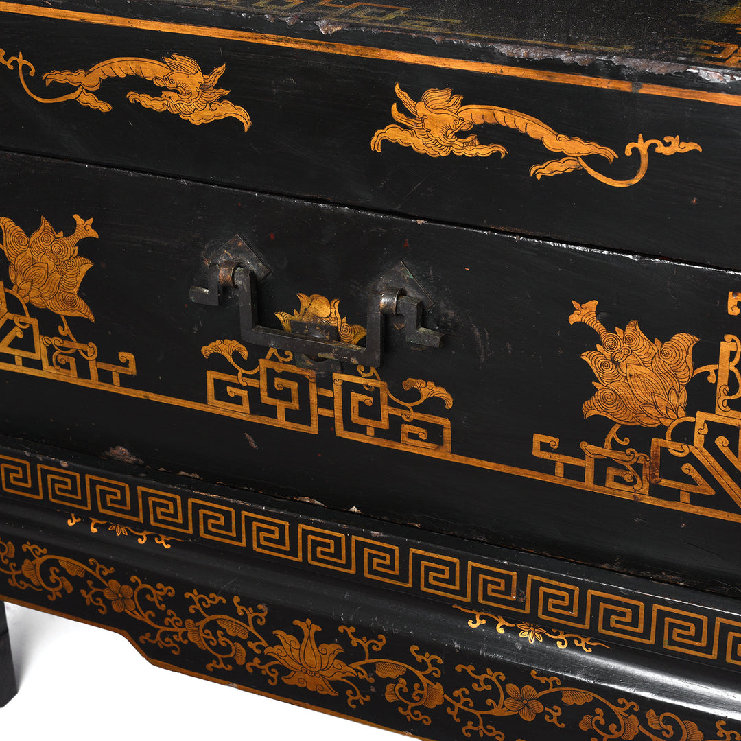 Handle Detail From Antique Black Lacquer Chinese Chest on Stand - Ca 1910 | Indigo Antiques
