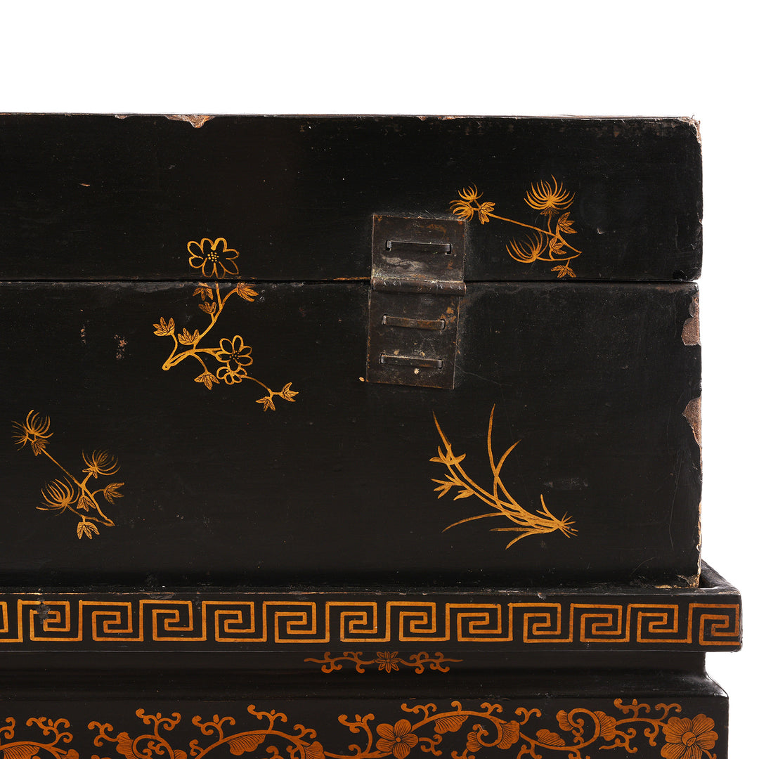 Hinge Detail From Antique Black Lacquer Chinese Chest on Stand - Ca 1910 | Indigo Antiques
