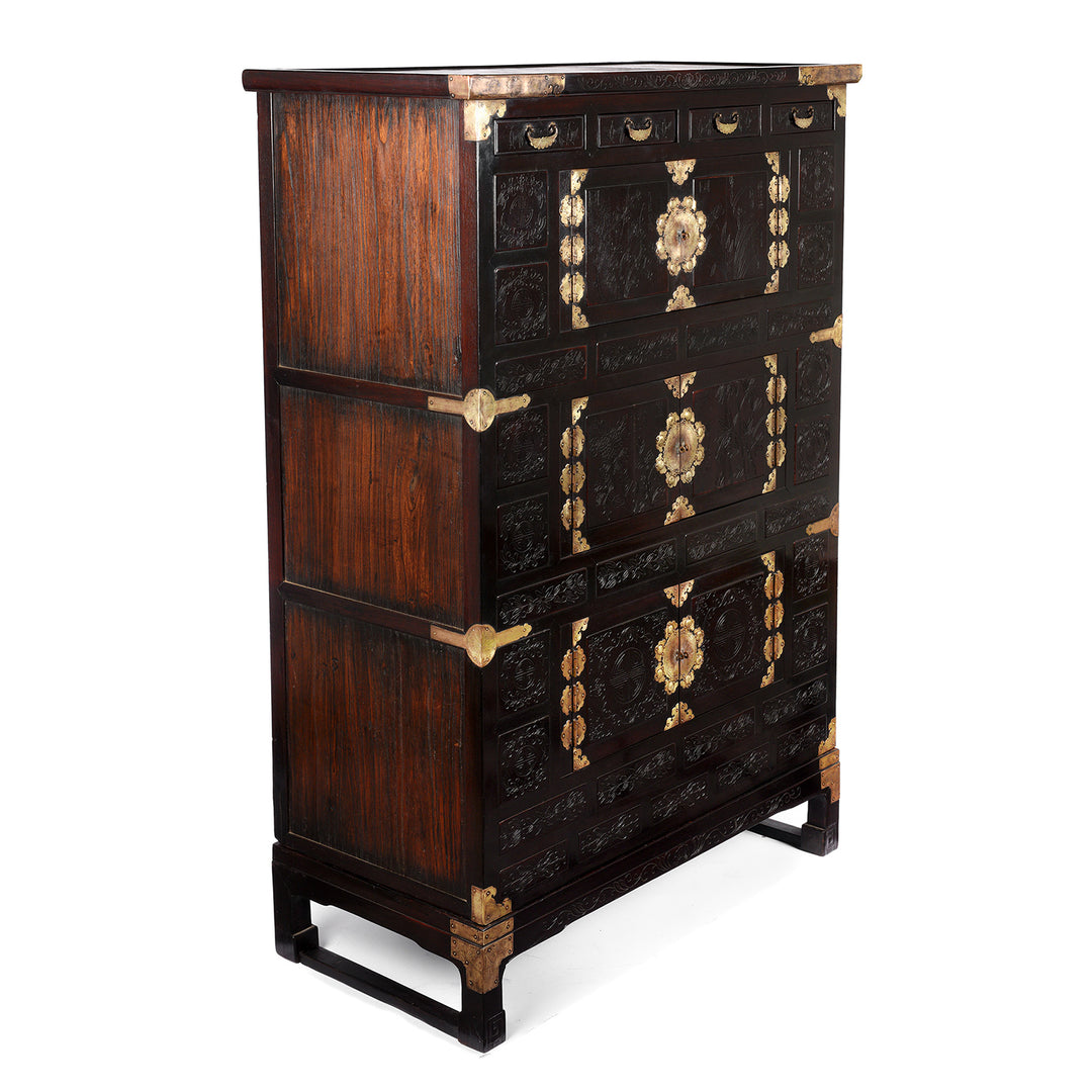 Angled View Of Korean Lacquer Samch'ung Jang Cabinet on Stand - Paulownia | Indigo Antques