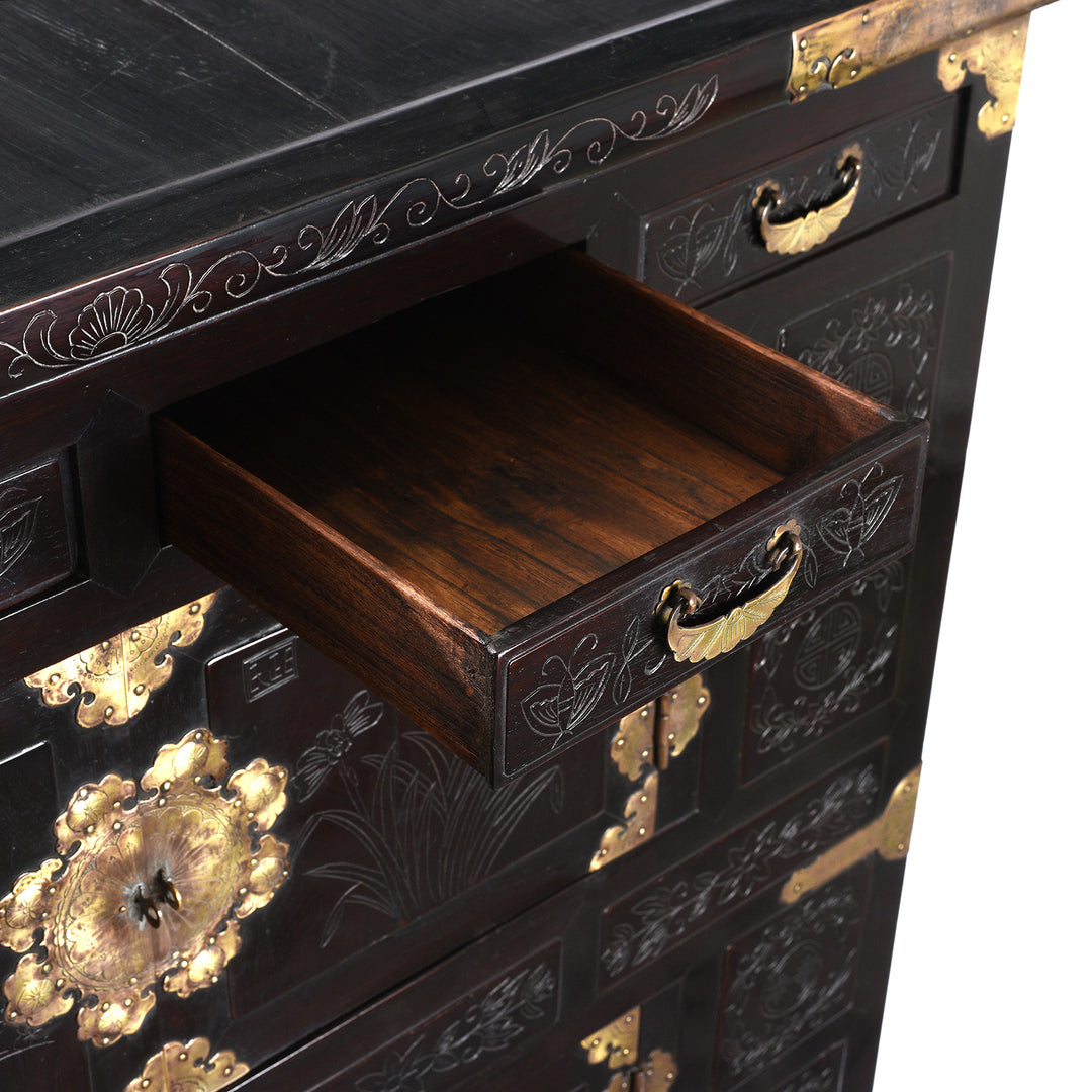 Drawer Detail From Korean Lacquer Samch'ung Jang Cabinet on Stand - Paulownia | Indigo Antques