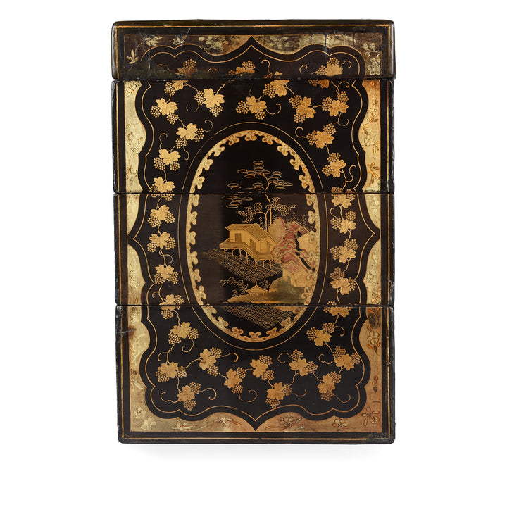 Side View Of Antique Chinoiserie Lacquer Stacking Haberdashery Box | Indigo Antiques