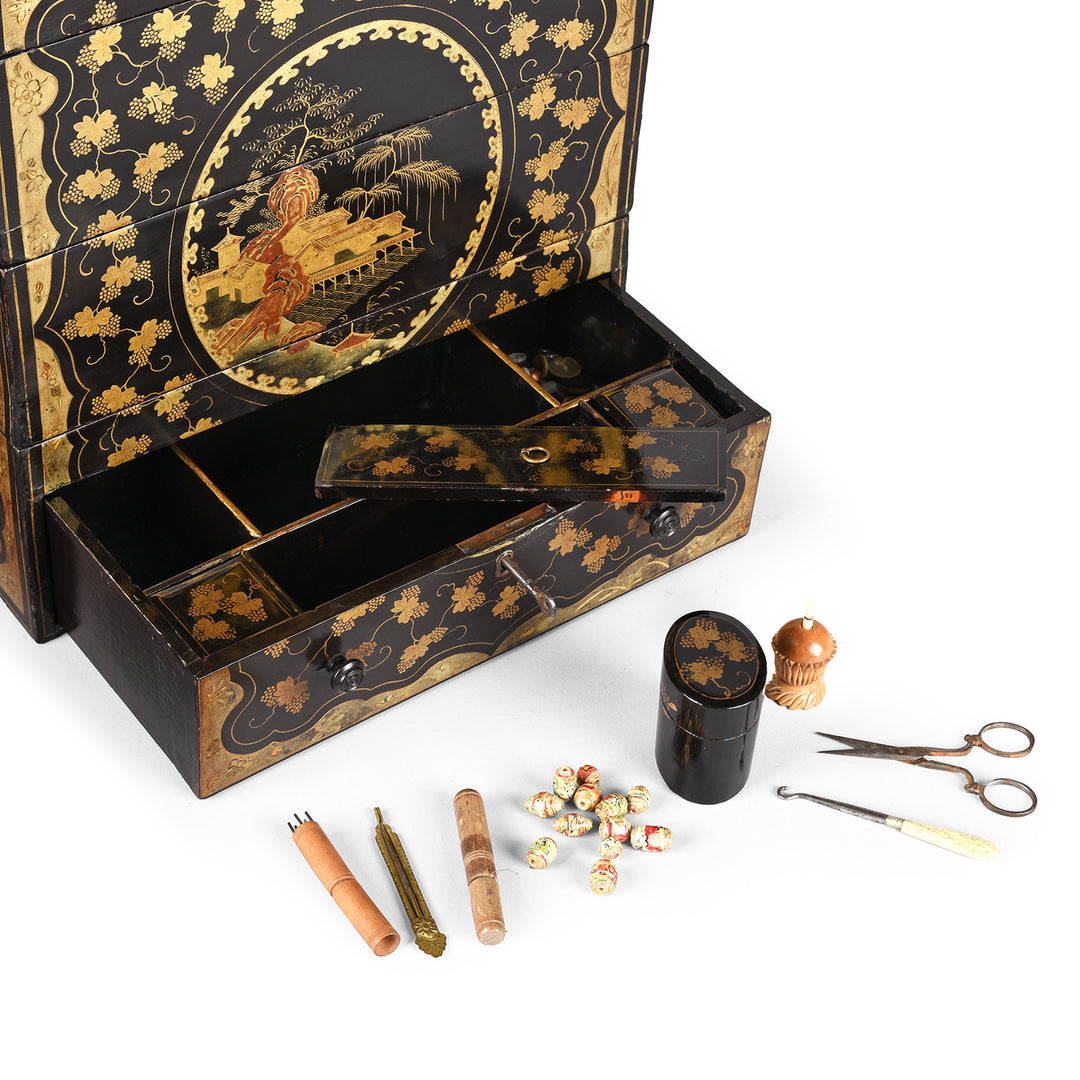 Drawer Detail From Antique Chinoiserie Lacquer Stacking Haberdashery Box | Indigo Antiques