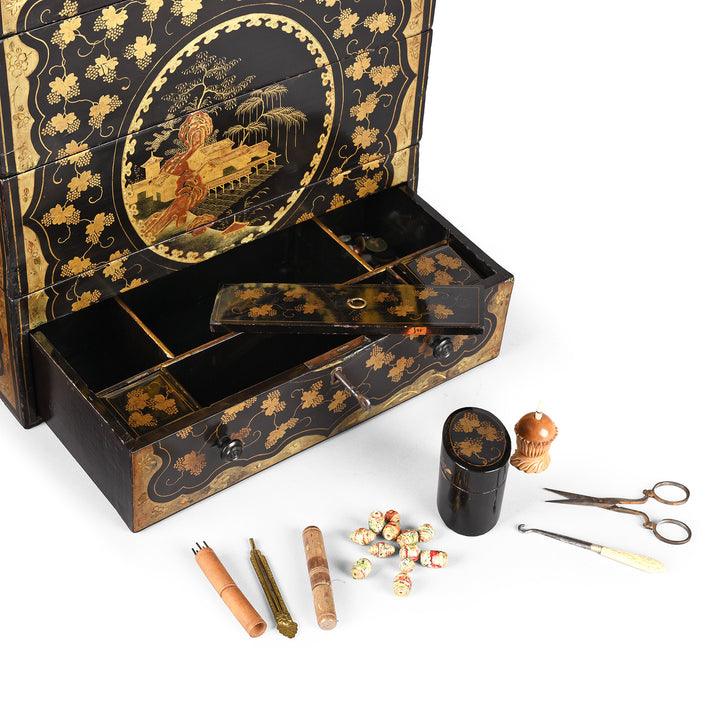 Drawer Detail From Antique Chinoiserie Lacquer Stacking Haberdashery Box | Indigo Antiques