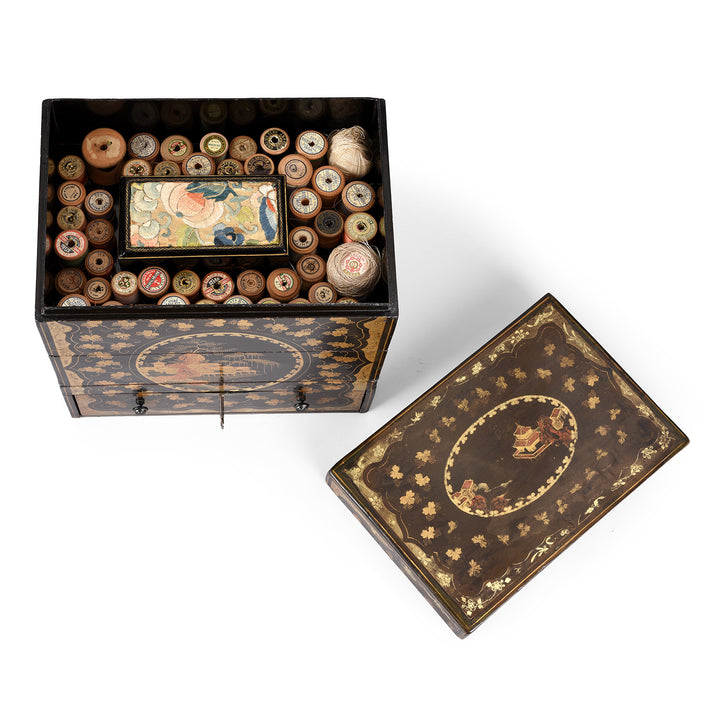 Top Layer View Of Antique Chinoiserie Lacquer Stacking Haberdashery Box | Indigo Antiques