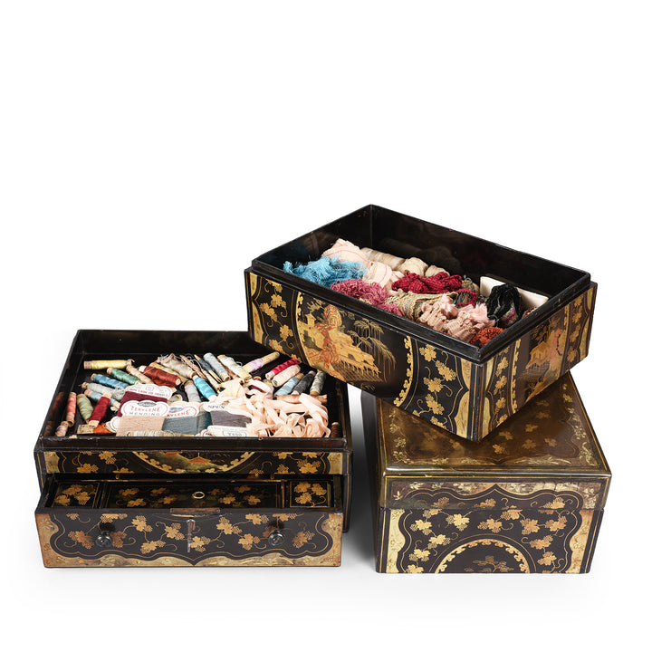 Deconstructed View Of Antique Chinoiserie Lacquer Stacking Haberdashery Box | Indigo Antiques