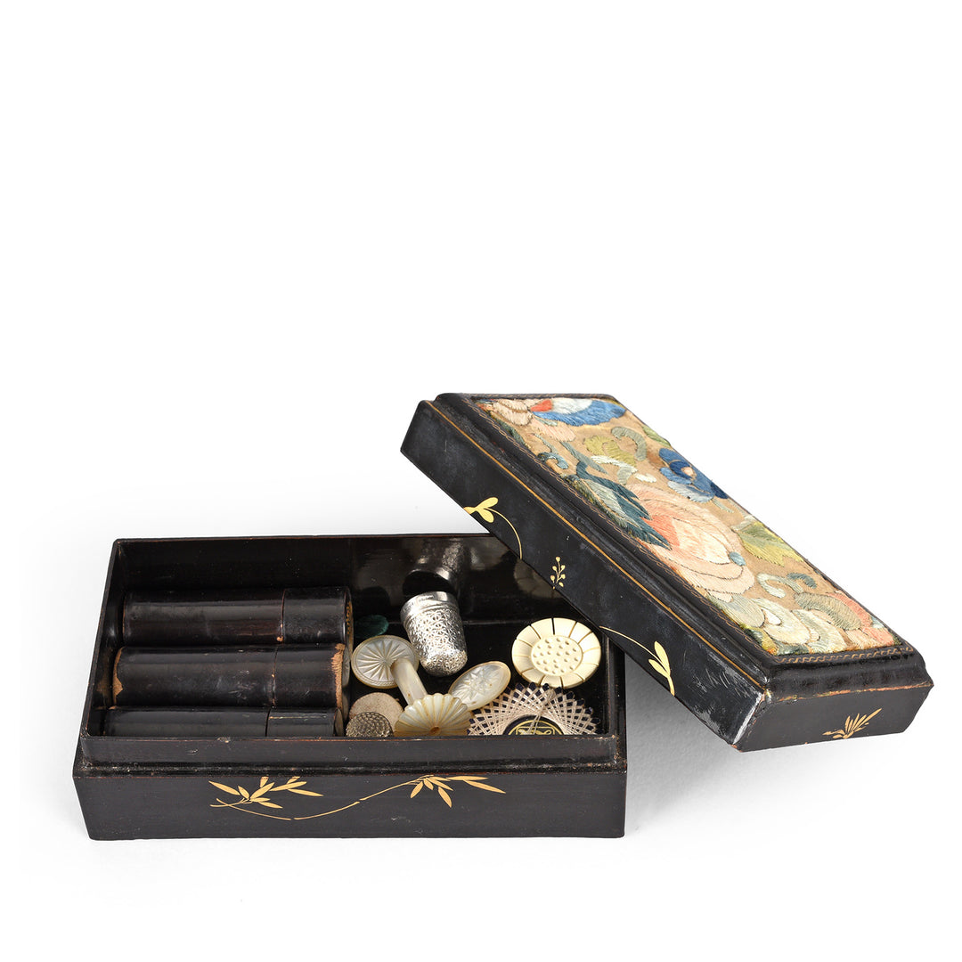 Box Detail From Antique Chinoiserie Lacquer Stacking Haberdashery Box | Indigo Antiques